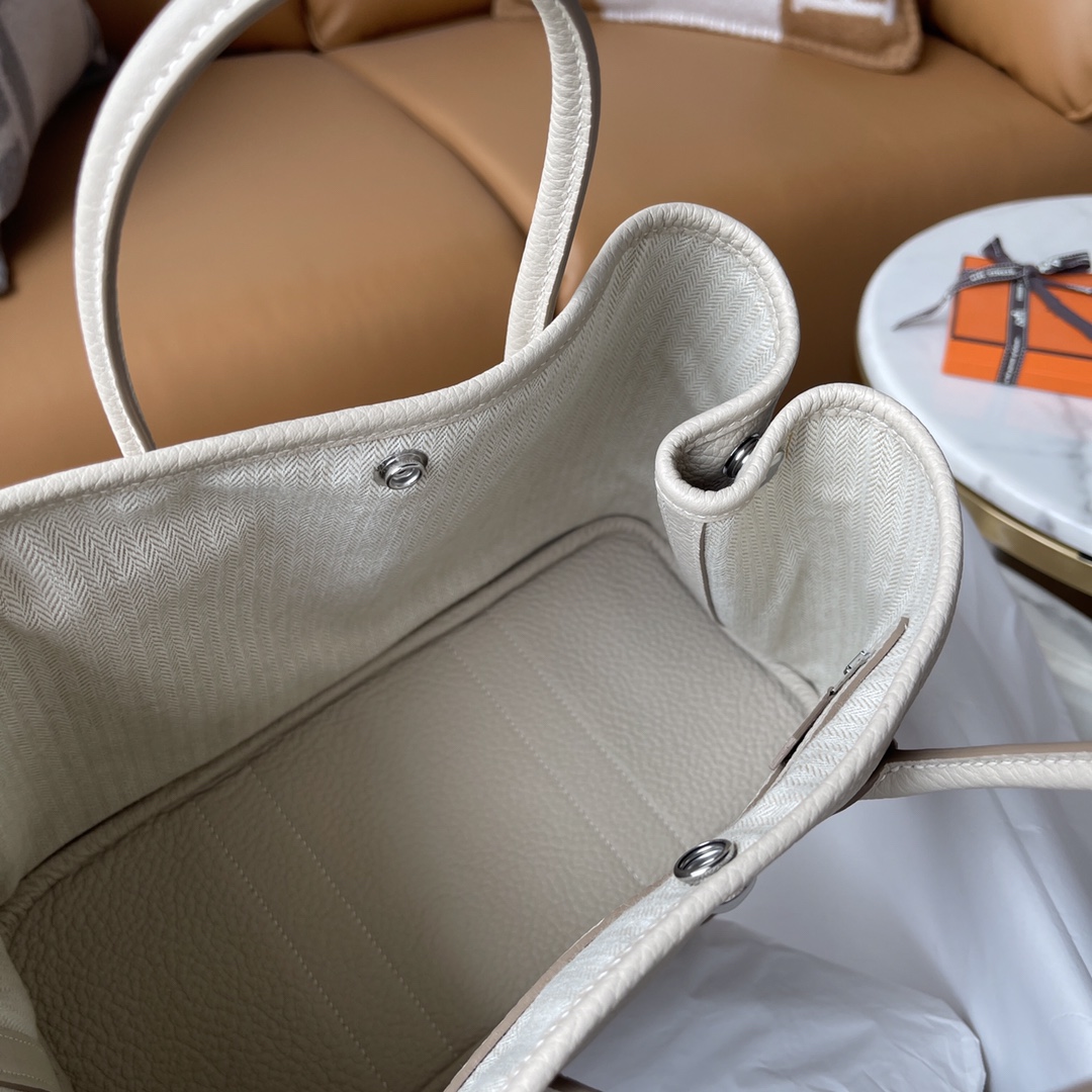 Hermes Garden Party 30cm Tote Handbag In Pearl White Clemence Leather